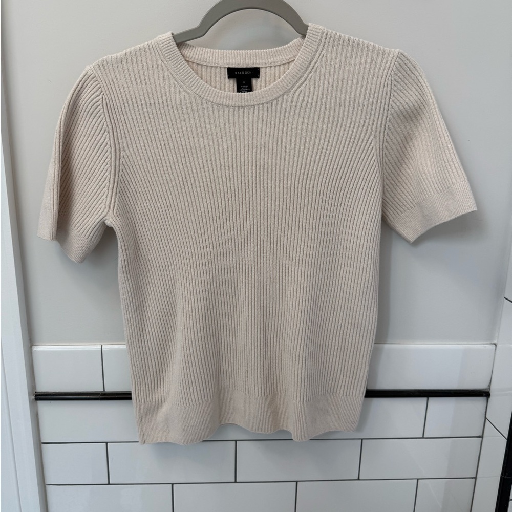 Halogen Short Sleeve Ribbed Knit Top - Beige